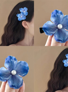 气质温柔侧边精致发卡仿真花朵发夹网红新款海边配饰蓝色度假发饰