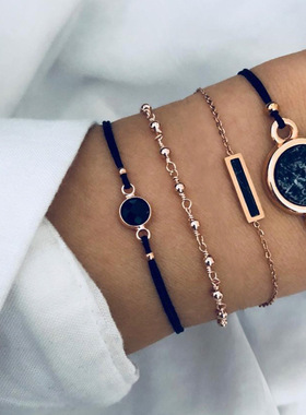 跨境热销个性黑松石花纹欧美风4件套手饰手工链条黑方块潮流手链