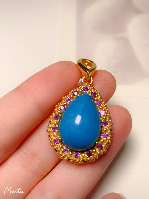 大美！进口珐琅彩绿松石吊坠 搭配紫晶小颗粒 美松石大吊坠