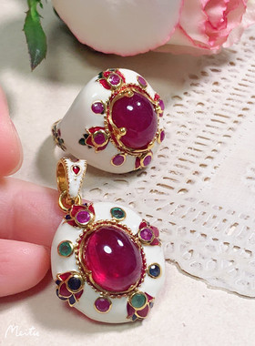 进口24K鎏金白色珐琅红宝石戒指 11颗粒小红宝围镶