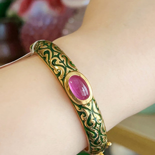 3月新款 进口纯银24K鎏金珐琅彩红宝石手镯 粉红色红宝石手镯