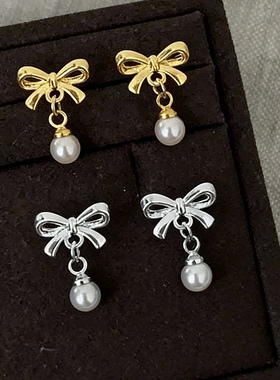 珍珠蝴蝶结耳钉女ins小众气质设计感耳环新款精致轻奢甜美耳饰女