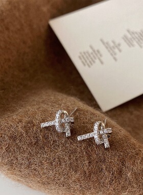 精致满钻打结爱心耳钉女韩国小众设计感个性简约百搭气质耳环耳饰
