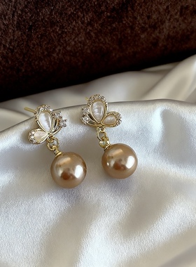 高级感珍珠猫眼石蝴蝶耳钉女韩国小众个性简约百搭气质耳环耳饰