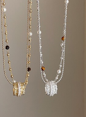 双层虎眼石珍珠皓石圈圈项链女轻奢气质百搭时尚颈链锁骨链毛衣链