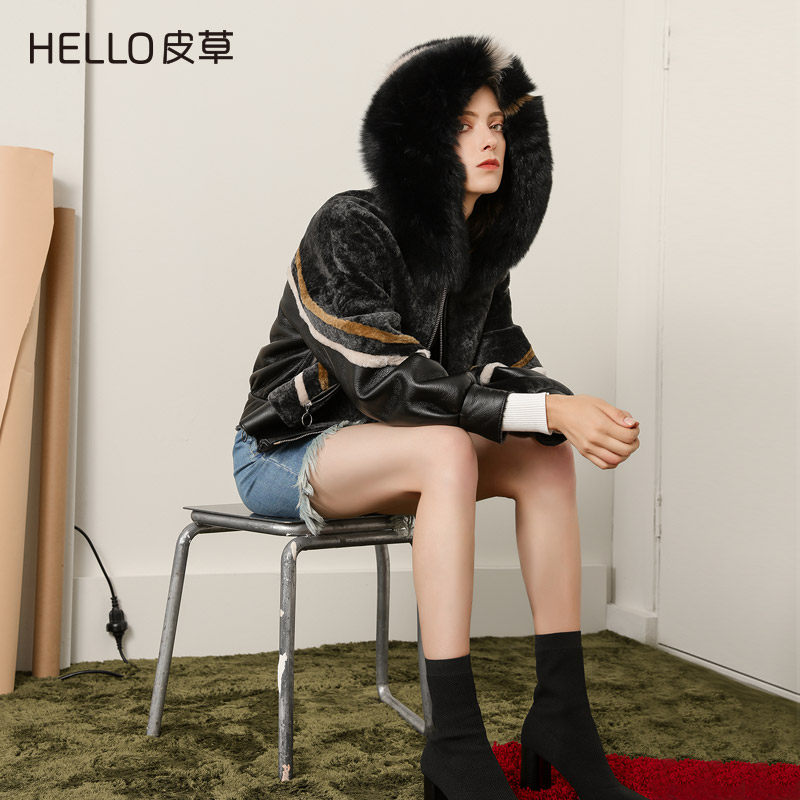 HELLO皮草欧洲站2017澳洲皮毛一体女 狐狸毛领连帽短款夹克外套潮