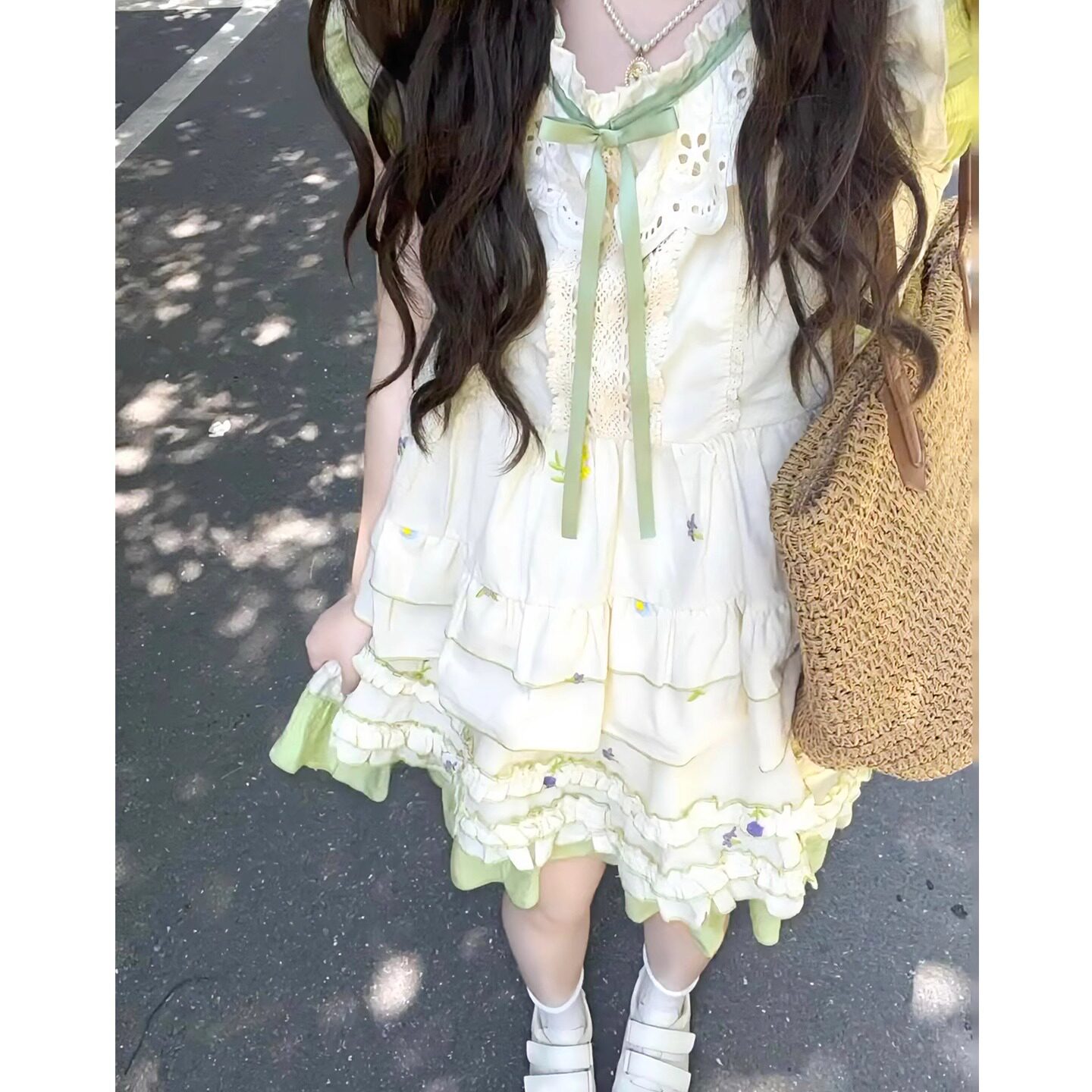 学院风小清新穿搭一整套女夏甜美花朵刺绣碎花连衣裙两件套小个子