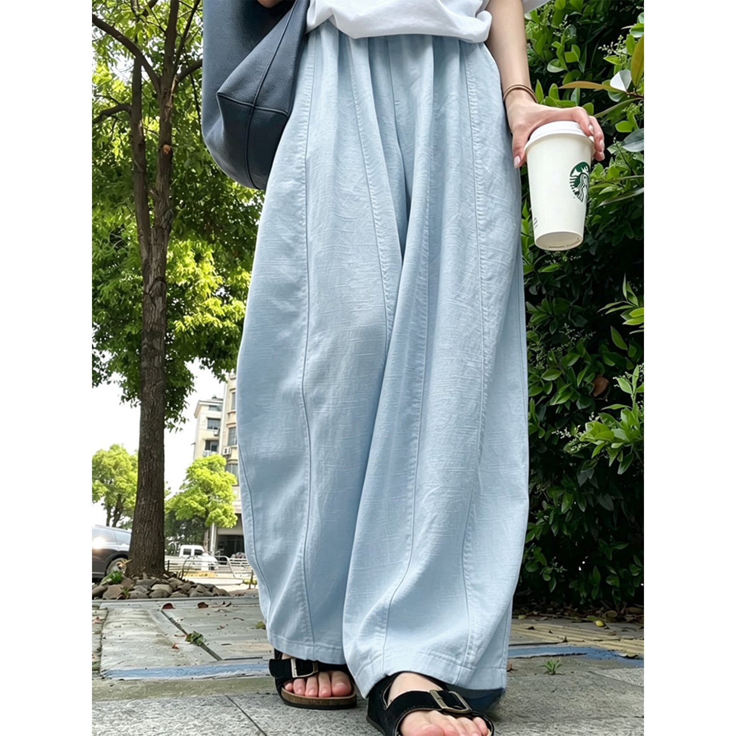 浅蓝色慵懒风棉麻气球阔腿裤女夏薄款通勤简约宽松显瘦休闲弯刀裤