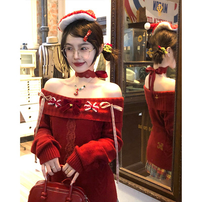 圣诞节过年红色蝴蝶结一字肩露肩毛衣女冬季高级感软糯针织衫上衣