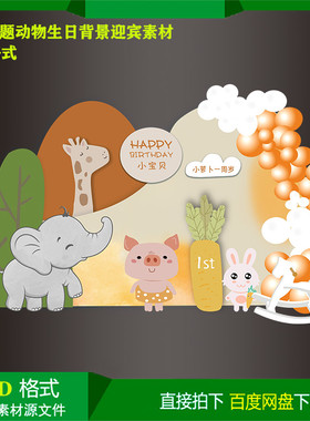 橙色主题动物宝宝百天儿童生日派对背景KT板喷绘设计素材PSD文件