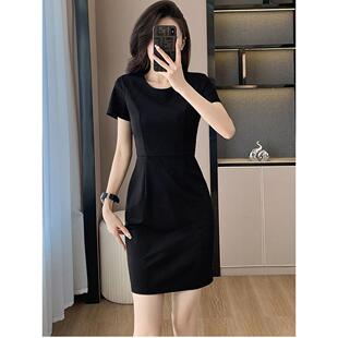 黑色短袖连衣裙女2026新款夏季职业正装工作服珠宝店金店工装裙子
