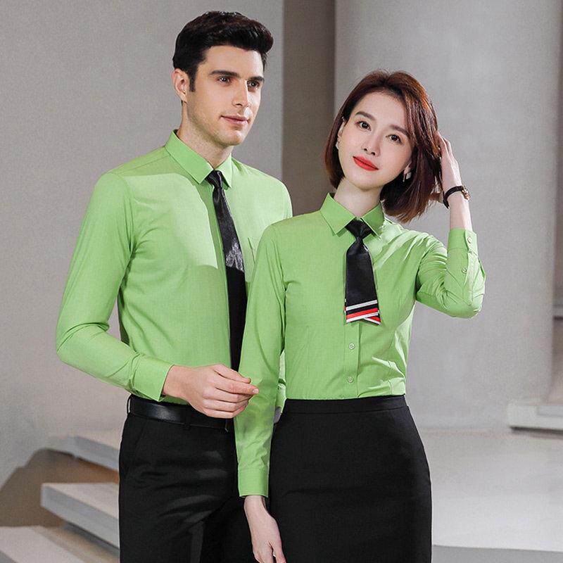 绿色衬衫女长袖男女同款高档工作服定制弹力职业衬衣免烫抗皱logo