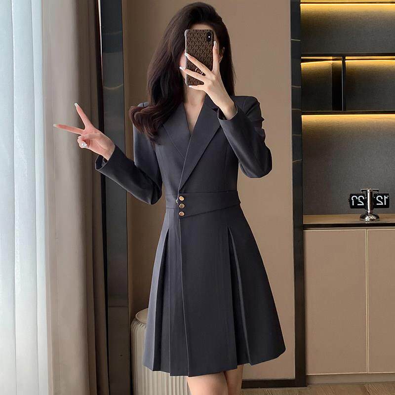 灰色西装连衣裙女高级感职业装气质女神范春秋冬美容院工作服高端