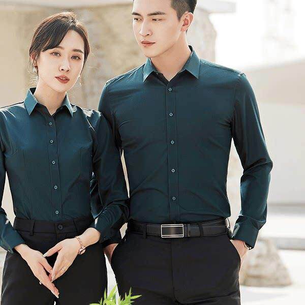 军绿色衬衫职业装长袖兄弟团衬衣常服男女同款修身工作服定制logo