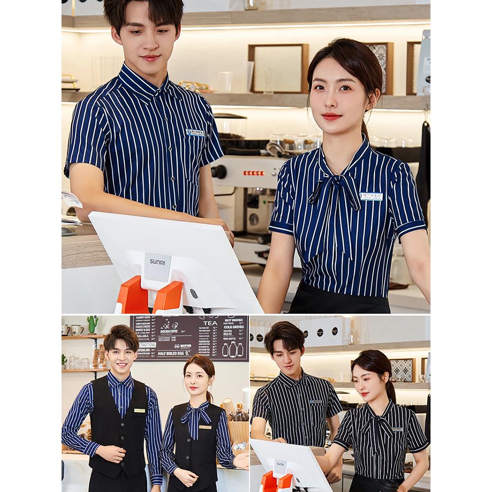 餐饮服务员工作服短袖男酒店饭店西餐厅台球室前台女工装定做logo图片