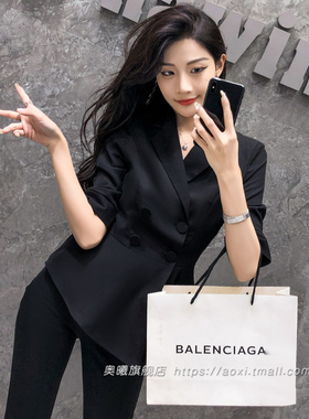 西装女职业正装套装高端总经理工作装黑色七分袖不规则气质工装