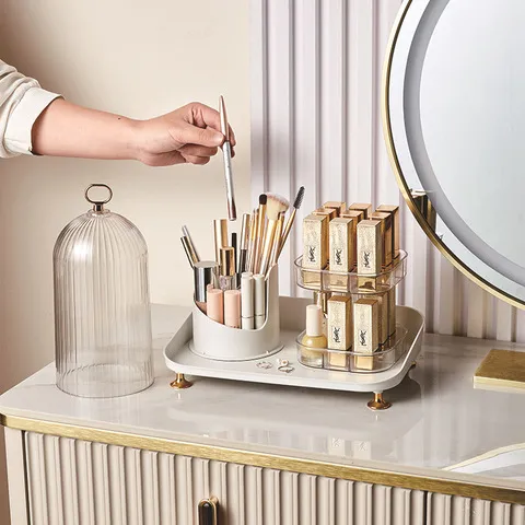 旋转大容量口红防尘置物架桌面层架化妆台收纳盒化妆刷桶