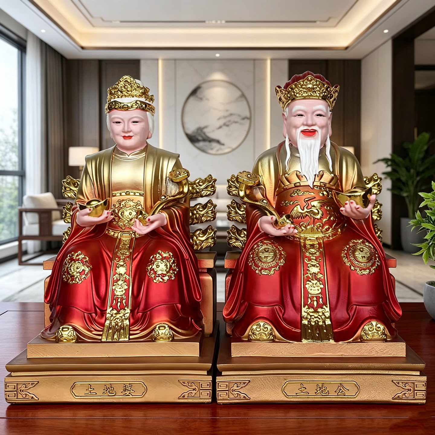 土地公土地婆神像树脂铜彩土地爷爷神像福德正神 土地奶奶佛像