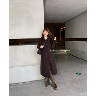 一三良品小个子 复古棕色翻领双面尼羊毛外套修身长款收腰大衣女