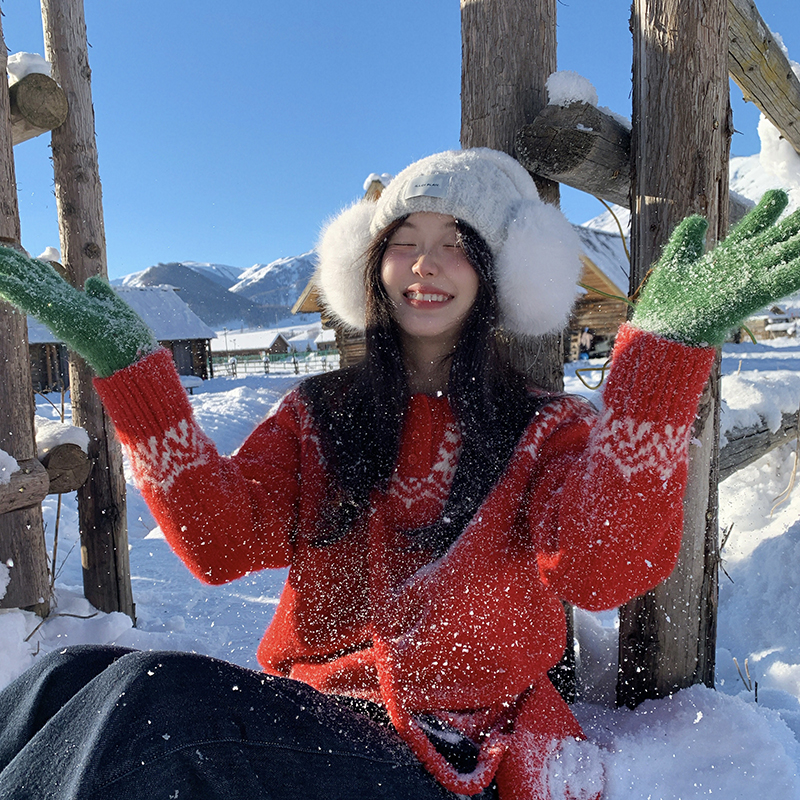 一三良品小个子  新年红～费尔岛雪花圣诞毛衣女冬短款针织上衣