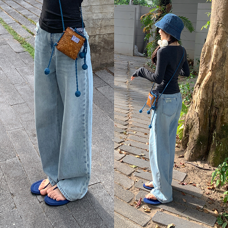 一三良品小个子 细节满满～浅蓝色窄版阔腿裤直筒牛仔裤女拖地裤