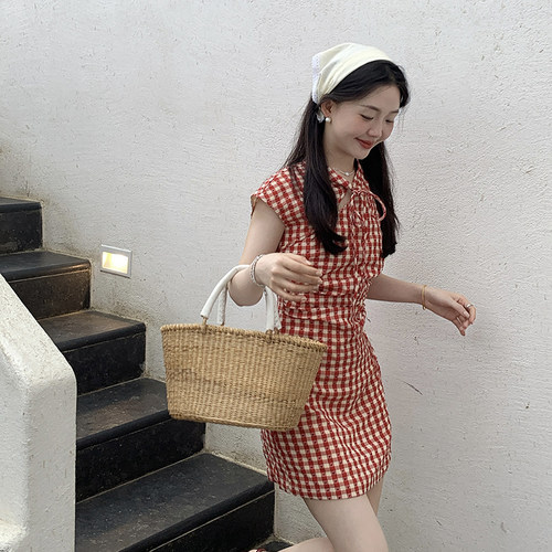 新中式复古改良旗袍格子连衣裙夏