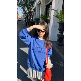 一三良品小个子 蓝色圆领字母刺绣卫衣女韩系休闲显白显瘦上衣春