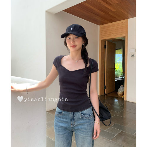 修身纯欲大u领短袖T恤女夏上衣