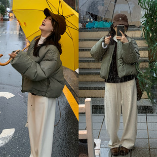 一三良品小个子 保暖白鸭绒圆领羽绒服女冬短款飞行夹克面包外套