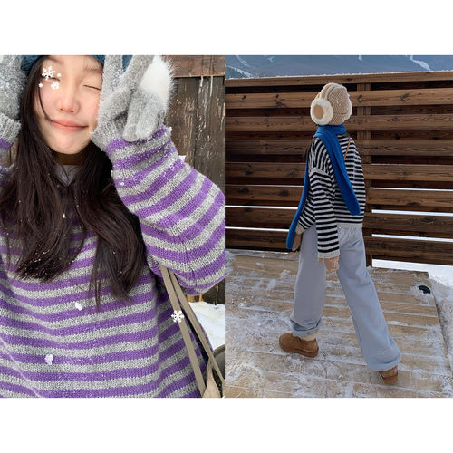 复古羊毛撞色条纹毛衣女冬宽松