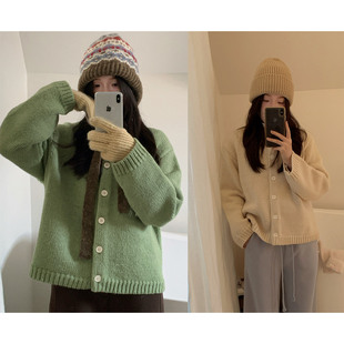 一三良品小个子 复古韩系宽松纯色粗针针织开衫短款毛衣外套女冬