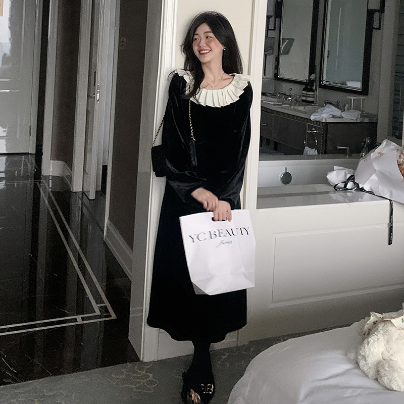 一三良品小个子 法式优雅拼色压褶翻领长袖丝绒连衣裙年会礼服裙