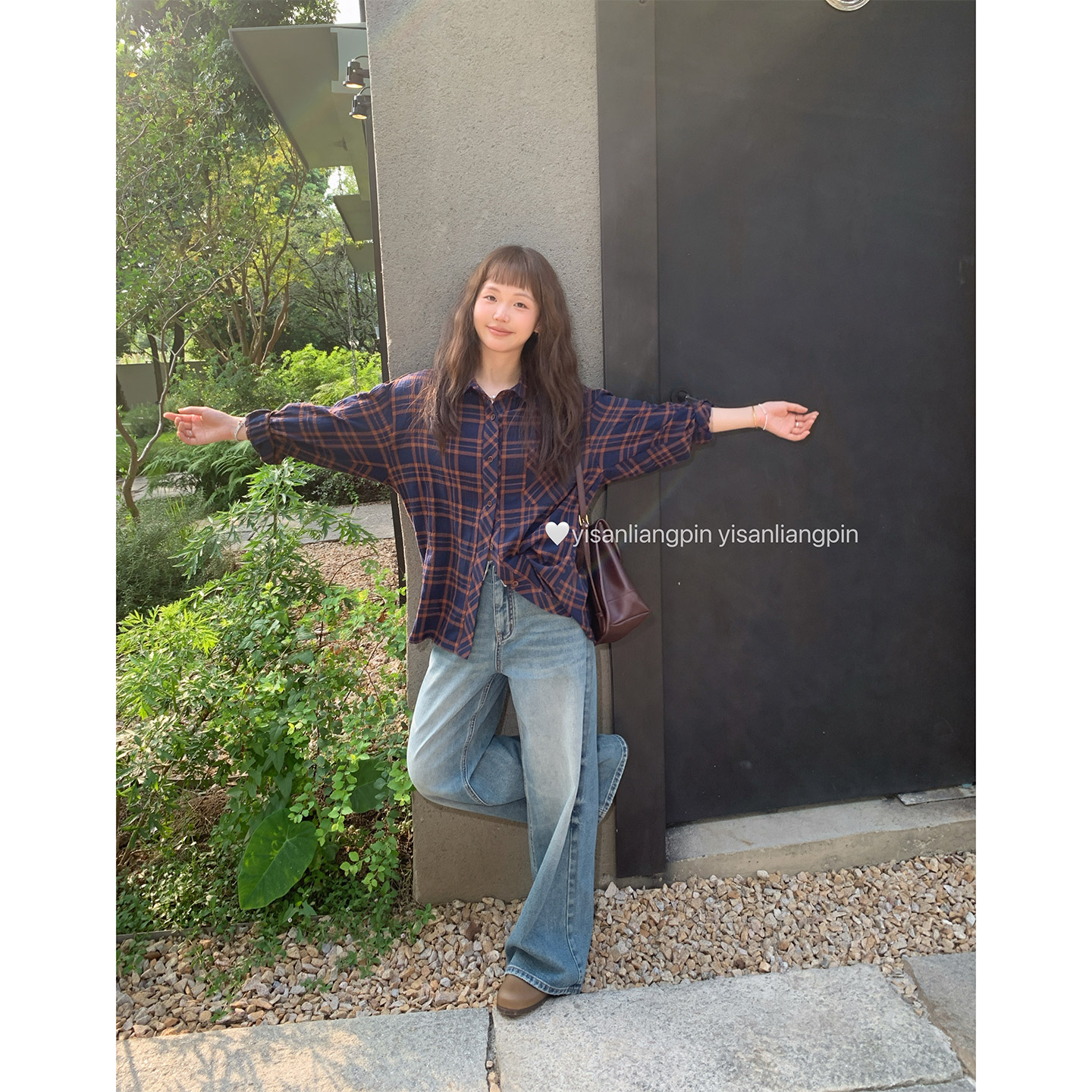 一三良品小个子 百搭宽松慵懒长袖休闲复古格子衬衫女秋衬衣短款