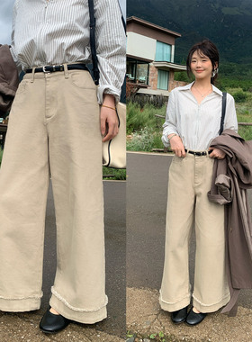 一三良品小个子 怒推的裤子~毛边卷边浅卡其白色九分裤阔腿牛仔裤