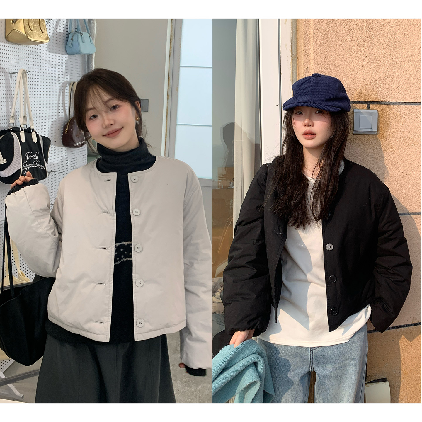 一三良品小个子 奶乖小版型 保暖白鸭绒圆领羽绒服女冬季短款外套