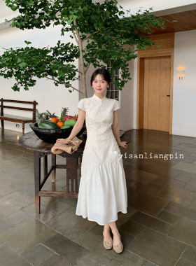 一三良品小个子 新中式白色立领刺绣收腰鱼尾连衣裙改良旗袍长裙