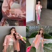 一三良品小个子刺绣笑脸粉色蓝色白色宽松休闲衬衫 衬衣上衣 女长袖