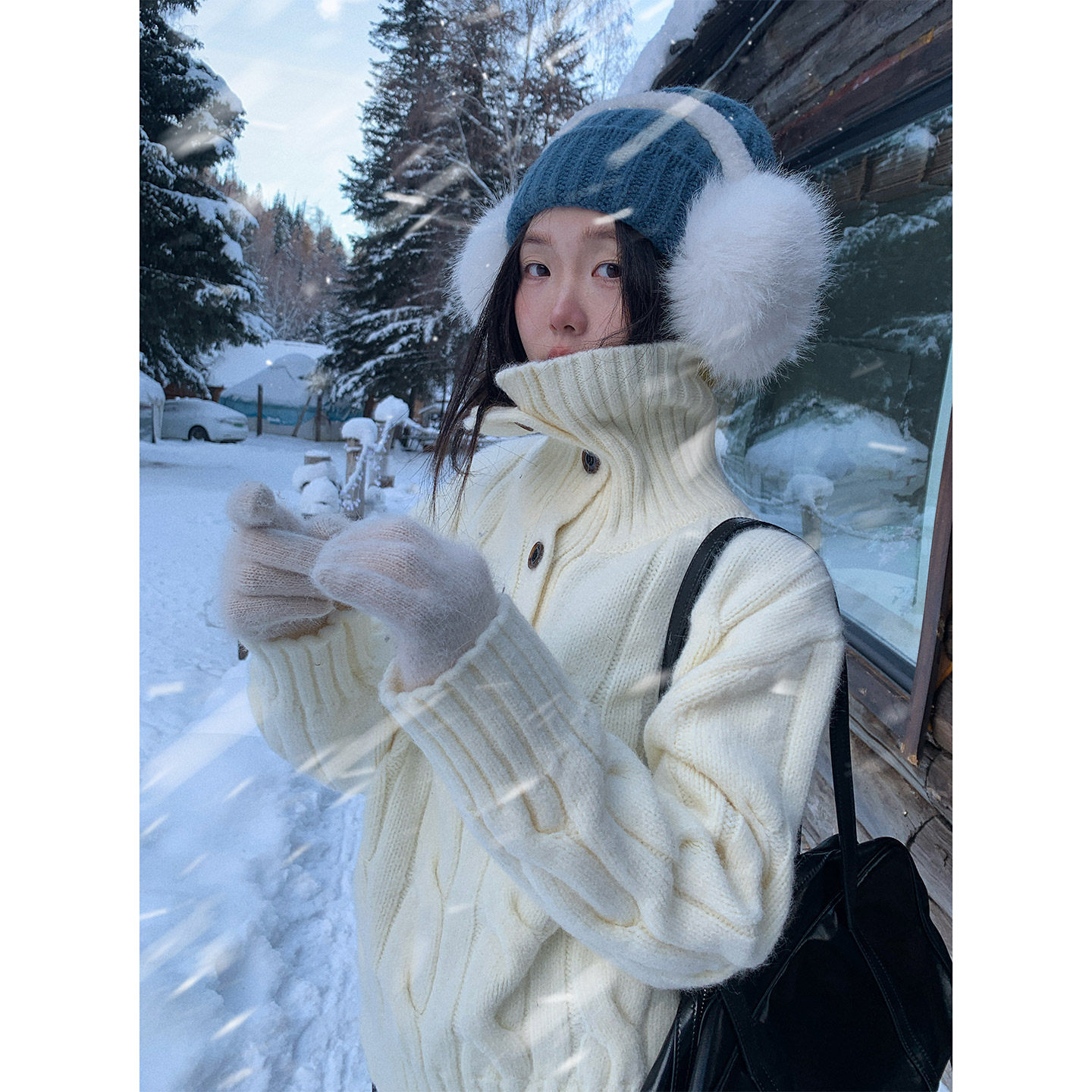 复古麻花纹翻领高领毛衣针织衫女