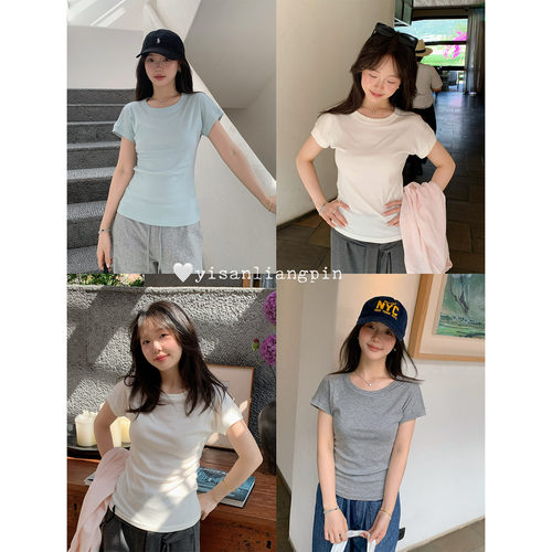 圆领正肩显瘦修身短袖T恤女夏