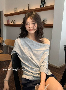 一三良品小个子 气质显瘦灰色荡领斜肩一字肩收腰短袖T恤上衣女夏