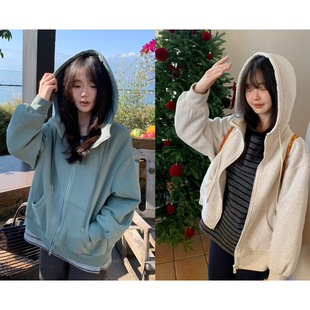 一三良品小个子 韩系加厚加绒卫衣女冬季韩系慵懒风连帽外套女