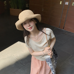 一三良品小个子 温柔通勤百搭圆领短袖开叉短袖针织衫上衣女夏