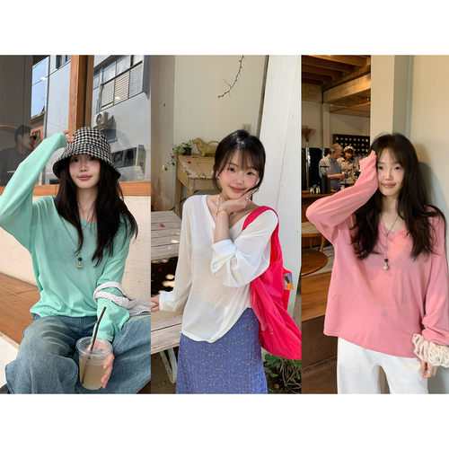 小个子V领冰丝防晒针织衫长袖T恤