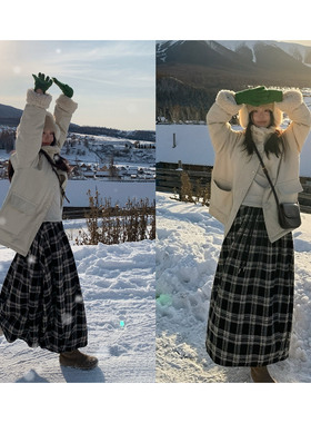 一三良品小个子 复古宽松加绒A字格纹半身裙秋冬女格子百褶长裙