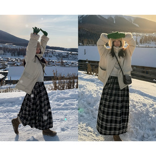 一三良品小个子 复古宽松加绒A字格纹半身裙秋冬女格子百褶长裙