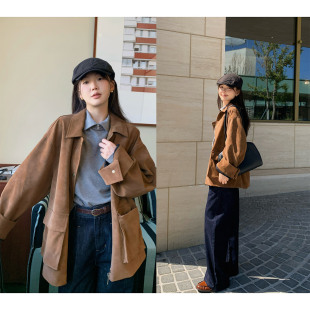 一三良品小个子 复古巴恩风 仿麂皮绒咖棕色工装夹克外套女秋上衣