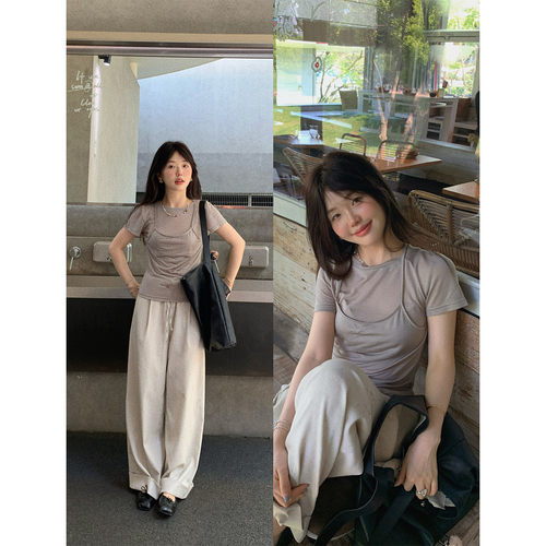 小个子假两件挂脖短袖上衣T恤女