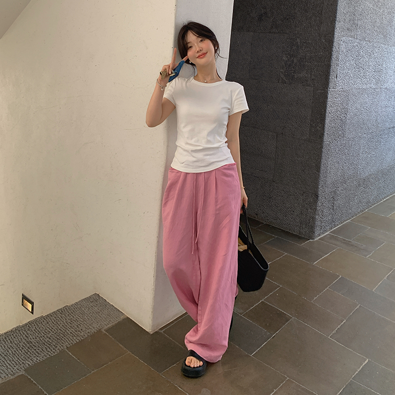 一三良品小个子 亚麻白色粉色休闲裤女夏松紧腰百搭阔腿质感长裤