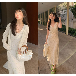 一三良品小个子 法式v领碎花无袖鱼尾背心长裙女夏气质收腰连衣裙