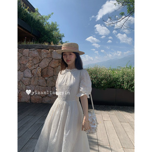 一三良品小个子 法式仙女高级短袖圆领收腰白色刺绣连衣裙子长裙